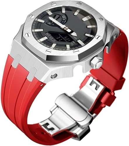 FNDWJ Edelstahl-Schutzhülle mit Silikonband, für GA2100-Serie, Modifikationsset, 316L Stahl, Schmetterlingsschnalle, weiches Silikonband für Herren, Einheitsgröße, Achat von FNDWJ