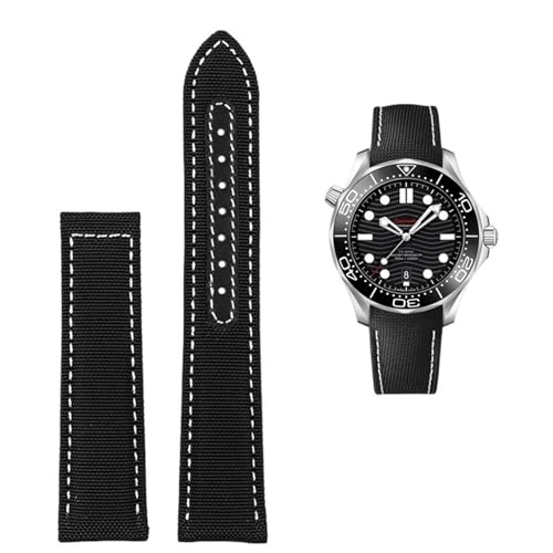 FNDWJ Hochdichtes Nylon-Lederarmband für Omega New Seamaster 300 Super Master AT150 Stoffleder AQUA TERRA Herrenarmband 19 mm 20 mm(Black White no clasp,20mm) von FNDWJ