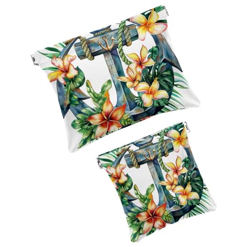 FNETJXF 2 x Kunstleder-Taschen-Box, kleine Reisetasche, selbstschließende Make-up-Tasche für Damen, Mini-Tasche für Lippenstift, Hawaii-Anker, tropische Blätter, Sommer, Muster 766, von FNETJXF