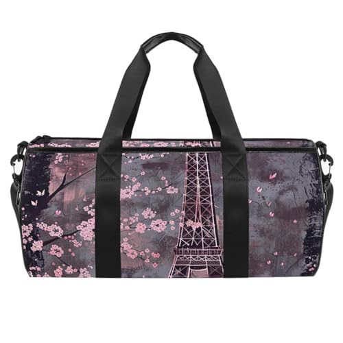 Sporttasche für Herren, Turnbeutel, Damen-Sporttasche, Wochenendtasche, Motiv: Paris, Blüte, Eiffelturm, Violett, Muster 6311, 45x23x23cm(17.7x9x9in) von FNETJXF