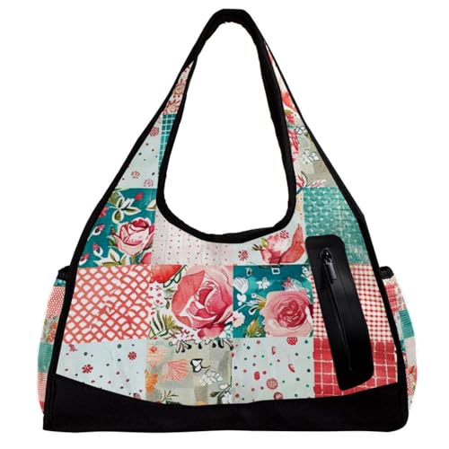 Turnbeutel für Herren, Sporttasche, Workout-Tasche, Reisetasche, Yoga, Seesack für Training, Patchwork, kariert, Blume, Rosa, Grün, modern, hübsch, Muster 6779, 47x16.5x27cm(18.5x6.5x10.6in) von FNETJXF