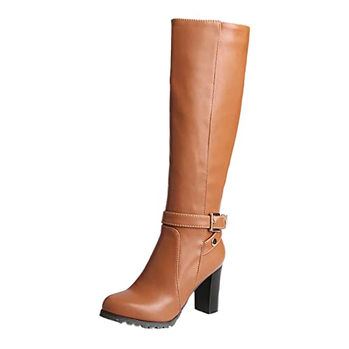 FNKDOR 2022 Winterstiefel Damen Winter Dicker Absatz High Heel Wasserdichte Plattform Runde Kopfhohe Lederstiefel von FNKDOR