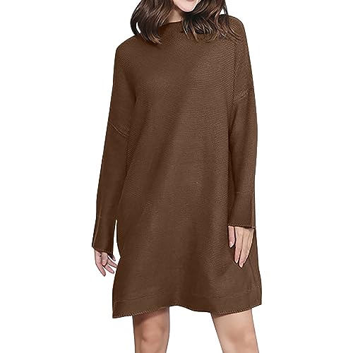 2023 Herbst Winter Strickkleid Damen Kurz Locker A Linie Pullikleider Pulloverkleid Feinstrickkleid (Brown, L) von FNKDOR