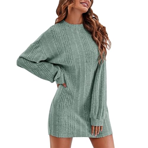 2023 Herbst Winter Strickkleid Damen Kurz Ripptes Locker A Linie Pullikleider Pulloverkleid Feinstrickkleid (Green, M) von FNKDOR