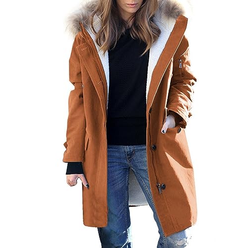 2023 Neu Winterjacke Damen Lang Fellkapuze Winterparka mit Fleece Gefüttert (Yellow, L) von FNKDOR
