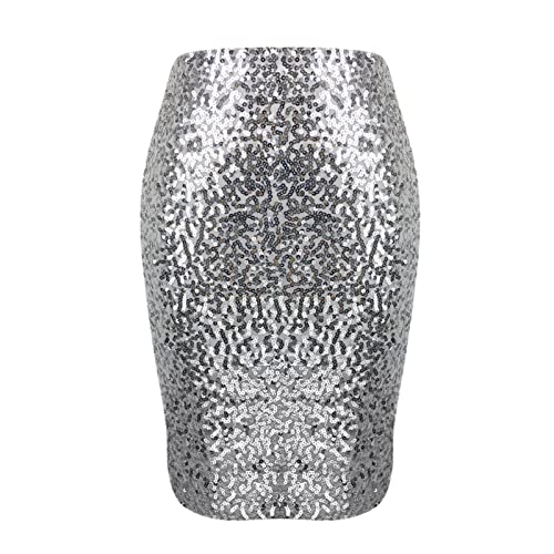 #4 Damen Einfarbig Pailletten Mode Hohe Taille Schlanke Hüfte Lässig Halbkörper Rock (Silver, XXL) von FNKDOR