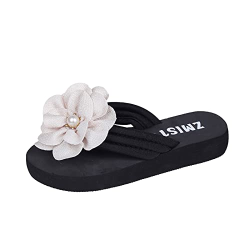 Bequeme Plateau Flip Flops Damen Leichte Sommer Slipper Schöne Blümchen Perlen Boho Zehentrenner von FNKDOR