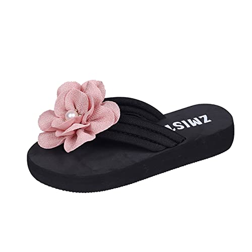 Bequeme Plateau Flip Flops Damen Leichte Sommer Slipper Schöne Blümchen Perlen Boho Zehentrenner von FNKDOR