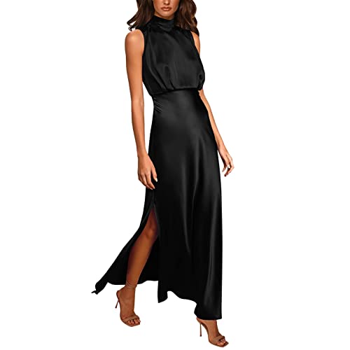 Casual Sommerkleid Damen Lang Maxikleid Frauen Sommer langes formelles Satin Kleid mit Stehkragen ärmellose Seitenschlitze fließende Maxi Trägerkleider von FNKDOR