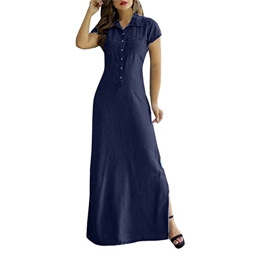 Casual Sommerkleid Damen Lang Maxikleid Solide Knopf Kurzarm Tasche Langes Hemdkragen Split Large Swing Dress Jeanskleid von FNKDOR