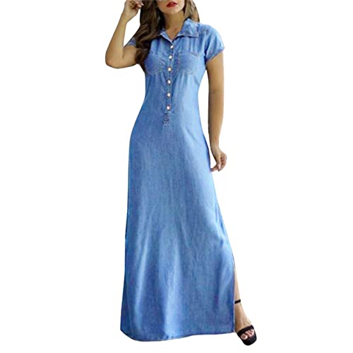 Casual Sommerkleid Damen Lang Maxikleid Solide Knopf Kurzarm Tasche Langes Hemdkragen Split Large Swing Dress Jeanskleid von FNKDOR