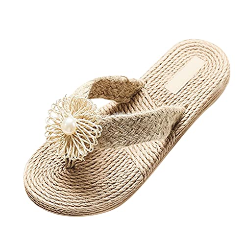 Damen EVA Imitieren Espadrilles Flip Flops Flach Trendy Geflochten Hausschuhe Casual Slipper Zehentrenner Badelatschen Dino Pyjama (Beige#2, 39.5) von FNKDOR