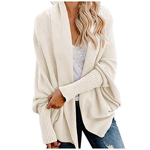FNKDOR 2020 Neu Grobstrick Strickjacke Damen Lang Einfarbig Fledermausärmel Cardigan Damen Strickmantel Beige One Size von FNKDOR