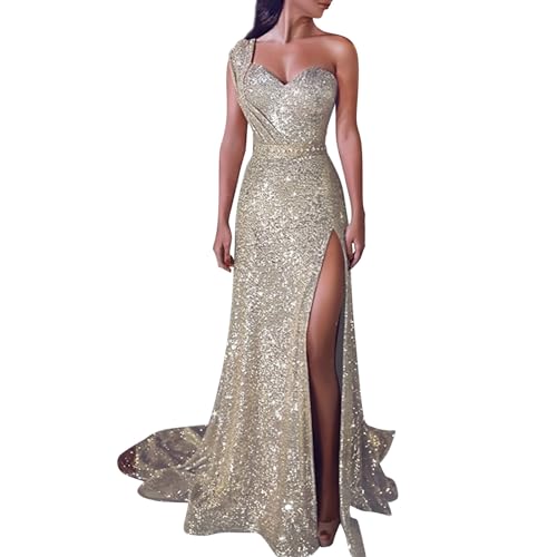 FNKDOR 2023 Abendkleider Elegant Lang Damen One Shoulder Glitzer Pailletten Schlitz Schleppe Ballkleider (Gold, S) von FNKDOR