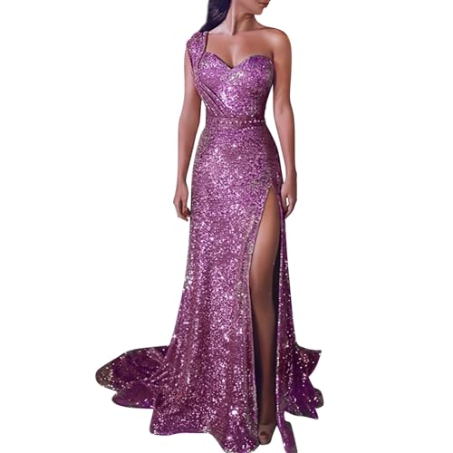 FNKDOR 2023 Abendkleider Elegant Lang Damen One Shoulder Glitzer Pailletten Schlitz Schleppe Ballkleider (Purple, XXL) von FNKDOR