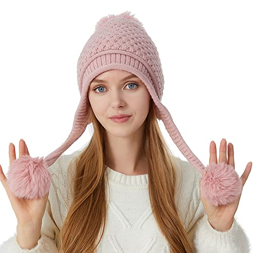 FNKDOR 2023 Beanie Mütze Damen Winter Strickmütze mit Ohrenklappen und Bommel (Pink, M) von FNKDOR