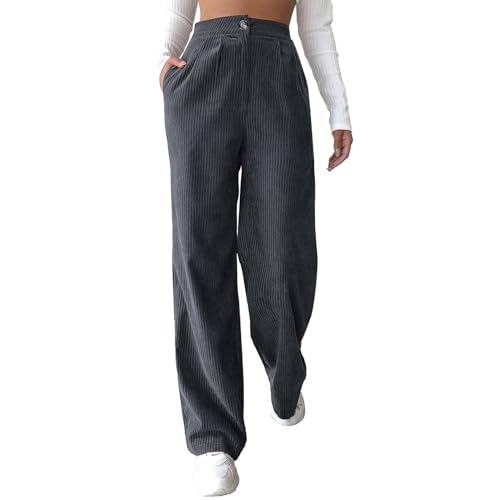 FNKDOR 2023 Herbst Winter Damen High Waist Weites Bein Warm Cordhose Baggy Freizeithose (Grey, XXL) von FNKDOR