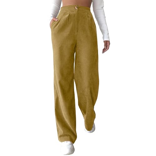 FNKDOR 2023 Herbst Winter Damen High Waist Weites Bein Warm Cordhose Baggy Freizeithose (Khaki, XXL) von FNKDOR