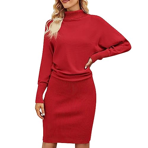 FNKDOR 2023 Herbst Winter Strickkleid Damen Kurz Rollkragenkleider Ripptes Puffärmel Pullikleider Pulloverkleid (Red, S) von FNKDOR