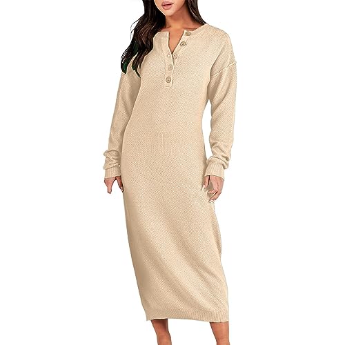 FNKDOR 2023 Herbst Winter Strickkleid Damen Lang Locker Knopfkragen Casual Pulloverkleid Pullikleider Feinstrickkleid (Beige, L) von FNKDOR