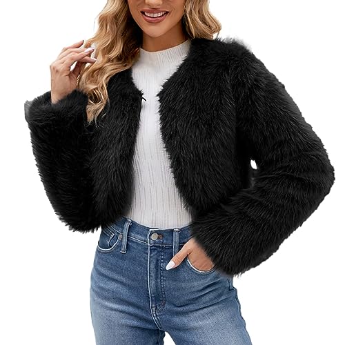 FNKDOR 2023 Herbst und Winter Damen Ausgefallene Kurz Fellimitat Felljacke Cardigan Kunstfelljacke (Black, XL) von FNKDOR