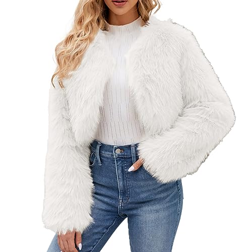 FNKDOR 2023 Herbst und Winter Damen Ausgefallene Kurz Fellimitat Felljacke Cardigan Kunstfelljacke (White, M) von FNKDOR