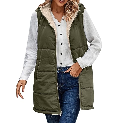 FNKDOR 2023 Herbst und Winter Lange Weste Damen Oversize Teddyfutter Steppweste Zip up Waistcoat mit Kapuze (AG, S) von FNKDOR