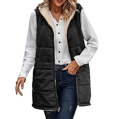 FNKDOR 2023 Herbst und Winter Lange Weste Damen Oversize Teddyfutter Steppweste Zip up Waistcoat mit Kapuze (Black, XXXL) von FNKDOR