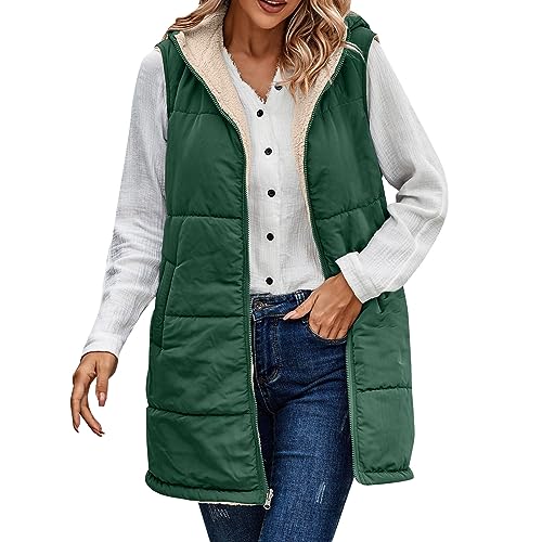 FNKDOR 2023 Herbst und Winter Lange Weste Damen Oversize Teddyfutter Steppweste Zip up Waistcoat mit Kapuze (Green, XXXL) von FNKDOR