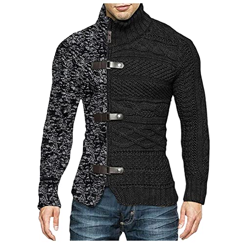 FNKDOR 2023 Herbst und Winter Rollkragenpullover Herren Kontrastfarben Patchwork Zip up Zopfmuster Strickjacke mit Schnalle (Black, M) von FNKDOR