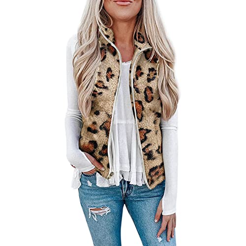 FNKDOR 2023 Herbst und Winter Weste Damen Kurz Leopardenmuster Zip up Fleeceweste Flauschig Teddy Weste Plüsch Waistcoat (Khaki, M) von FNKDOR