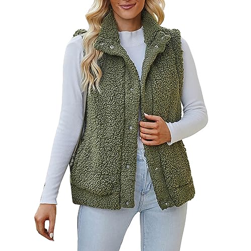 FNKDOR 2023 Herbst und Winter Weste Damen Stehkragen Fleeceweste Flauschige Teddy Weste Plüsch Waistcoat (Green, XL) von FNKDOR