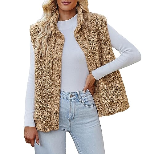 FNKDOR 2023 Herbst und Winter Weste Damen Stehkragen Fleeceweste Flauschige Teddy Weste Plüsch Waistcoat (Khaki, XL) von FNKDOR