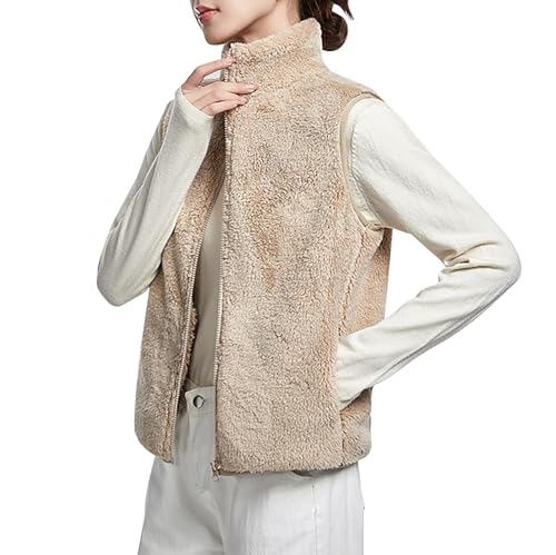 FNKDOR 2023 Herbst und Winter Weste Damen Zip up Stehkragen Fleeceweste Flauschige Teddy Weste Plüsch Waistcoat (Khaki, XXXXL) von FNKDOR