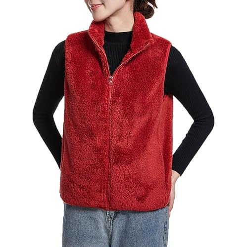 FNKDOR 2023 Herbst und Winter Weste Damen Zip up Stehkragen Fleeceweste Flauschige Teddy Weste Plüsch Waistcoat (Wine, XL) von FNKDOR