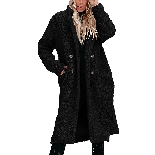 FNKDOR 2023 Neu Winterjacke Damen Dicker Warm Lange Fellmantel Plüschmantel Teddymantel Cardiganmantel (Black, L) von FNKDOR