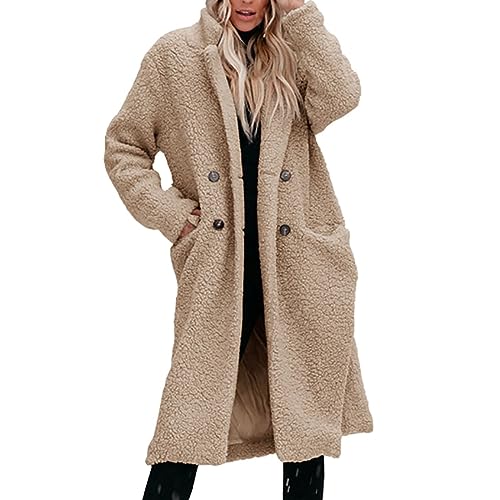 FNKDOR 2023 Neu Winterjacke Damen Dicker Warm Lange Fellmantel Plüschmantel Teddymantel Cardiganmantel (Khaki, S) von FNKDOR