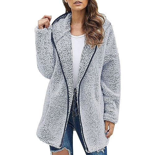FNKDOR 2023 Neu Winterjacke Damen Zip up Lange Teddyjacke Plüschjacke Kapuzenjacke (Blue, XXXL) von FNKDOR