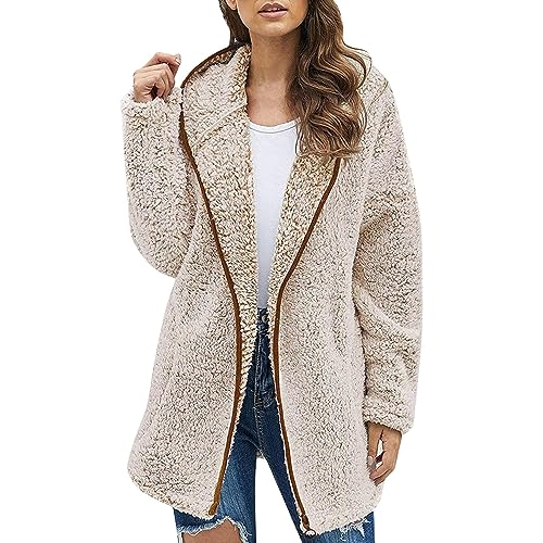 FNKDOR 2023 Neu Winterjacke Damen Zip up Lange Teddyjacke Plüschjacke Kapuzenjacke (Khaki, M) von FNKDOR