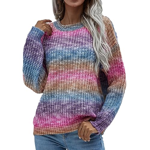 FNKDOR 2023 Pullover Damen Herbst Winter Pullis Farbverlauf Gestreift Strickpullover (Purple, XL) von FNKDOR