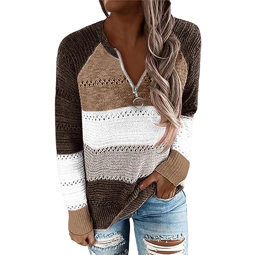 FNKDOR 2023 Pullover Damen Herbst Winter Pullis Kaschmirpullover Zipkragen Kontrastfarben Löchern (Coffee, XL) von FNKDOR