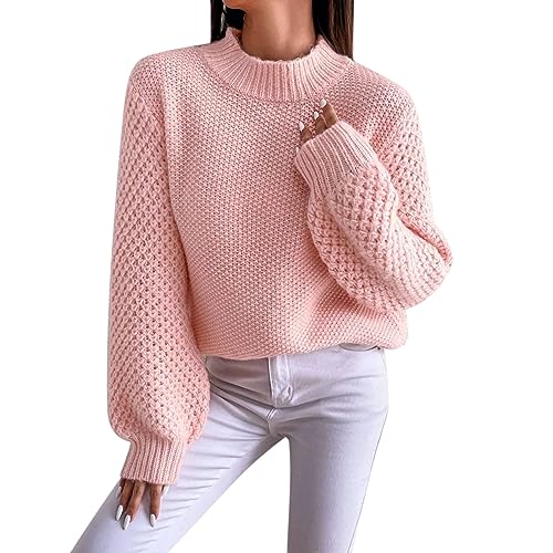 FNKDOR 2023 Pullover Damen Herbst Winter Pullis Puffärmel Grobstrickpullover (Pink, S) von FNKDOR