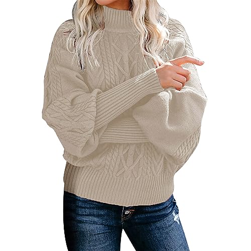 FNKDOR 2023 Pullover Damen Herbst Winter Zopfmuster Pullis Strickpullover Rollkragenpullover (Beige, XXXL) von FNKDOR