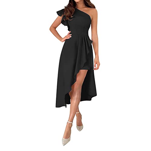 FNKDOR 2023 Schlichtes Abendkleider Elegant Lang Damen One Shoulder Rüschen Asymmetrisch Ballkleider (Black, L) von FNKDOR