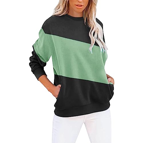 FNKDOR 2023 Neu Herbst und Winter Damen Teenager Mädchen Colorblock Pullover Sweatshirt ohne Kapuze Schicker Coole Damensweatshirts (Mint Green, S) von FNKDOR
