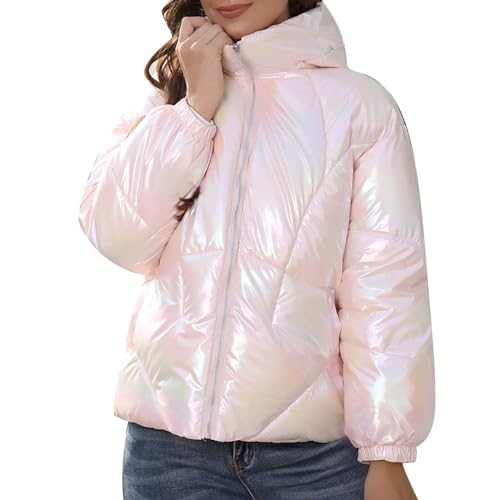 FNKDOR 2023 Winterjacke Damen Große Größen Bunt Glänzend Stehkragen Steppjacke Daunenjacke Pufferjacke (Pink, L) von FNKDOR