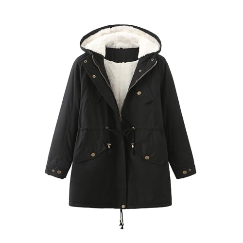 FNKDOR 2023 Winterjacke Damen Große Größen Leichte Warm Teddyfutter Windjacke Winterparka mit Kapuze (Black, XL) von FNKDOR
