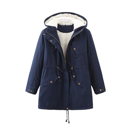 FNKDOR 2023 Winterjacke Damen Große Größen Leichte Warm Teddyfutter Windjacke Winterparka mit Kapuze (Navy, XXXL) von FNKDOR