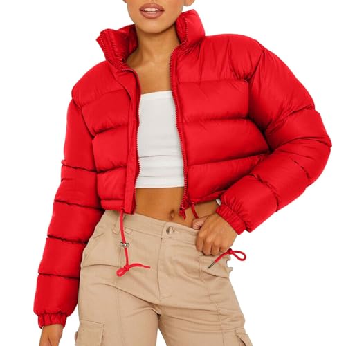 FNKDOR 2023 Winterjacke Damen Zip up Stehkragen Crop Steppjacke Daunenjacke Pufferjacke (Red, S) von FNKDOR