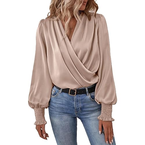 FNKDOR 2024 Elegante Satin Blusen Damen Wickelbluse Puffärmel Seidenbluse Blusenshirt Tunika Business Blusen Oberteile (Beige, XL) von FNKDOR